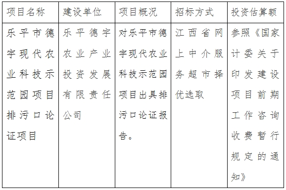 樂平德宇公司德宇現(xiàn)代農(nóng)業(yè)科技示范園排污口論證項(xiàng)目計劃公告